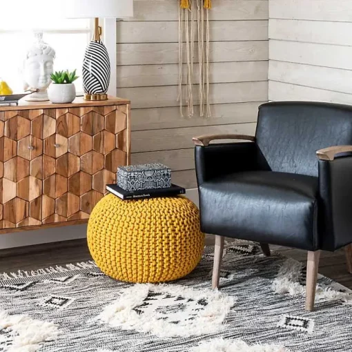 Yellow Chain Knitted Round Pouf