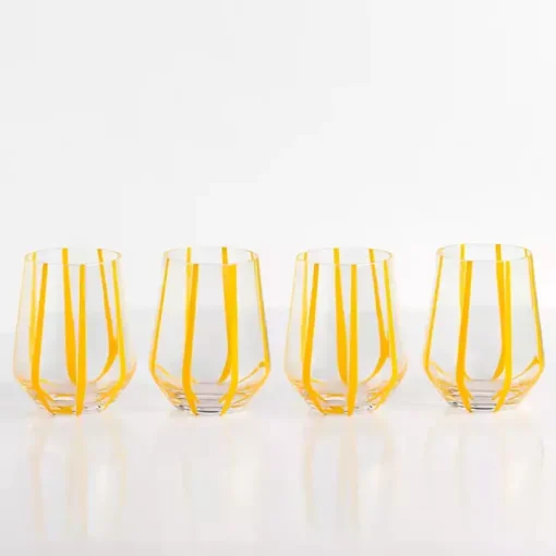 Yellow Striped Stemless Wine Glasses, Set of 4